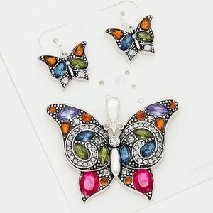 Butterfly Rhinestone Pendant Earrings Set